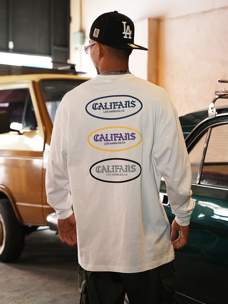 

Мужская футболка CaliFans 30г, модная, однотонная, из плотного чистого хлопка, свободного кроя, большого размера, с длинным рукавом, базовая модель