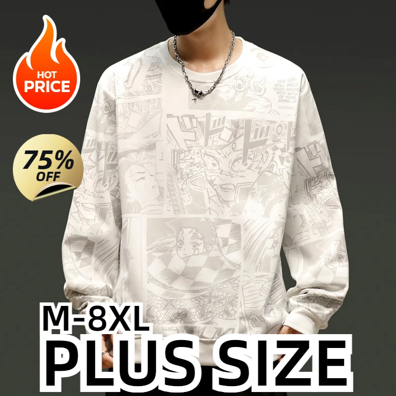 Plus Size Men's Manga Style Sweatshirt Korean Full of Graffiti Long Sleeve T-shirt Fashion Men's Clothing White Harajuku Top New