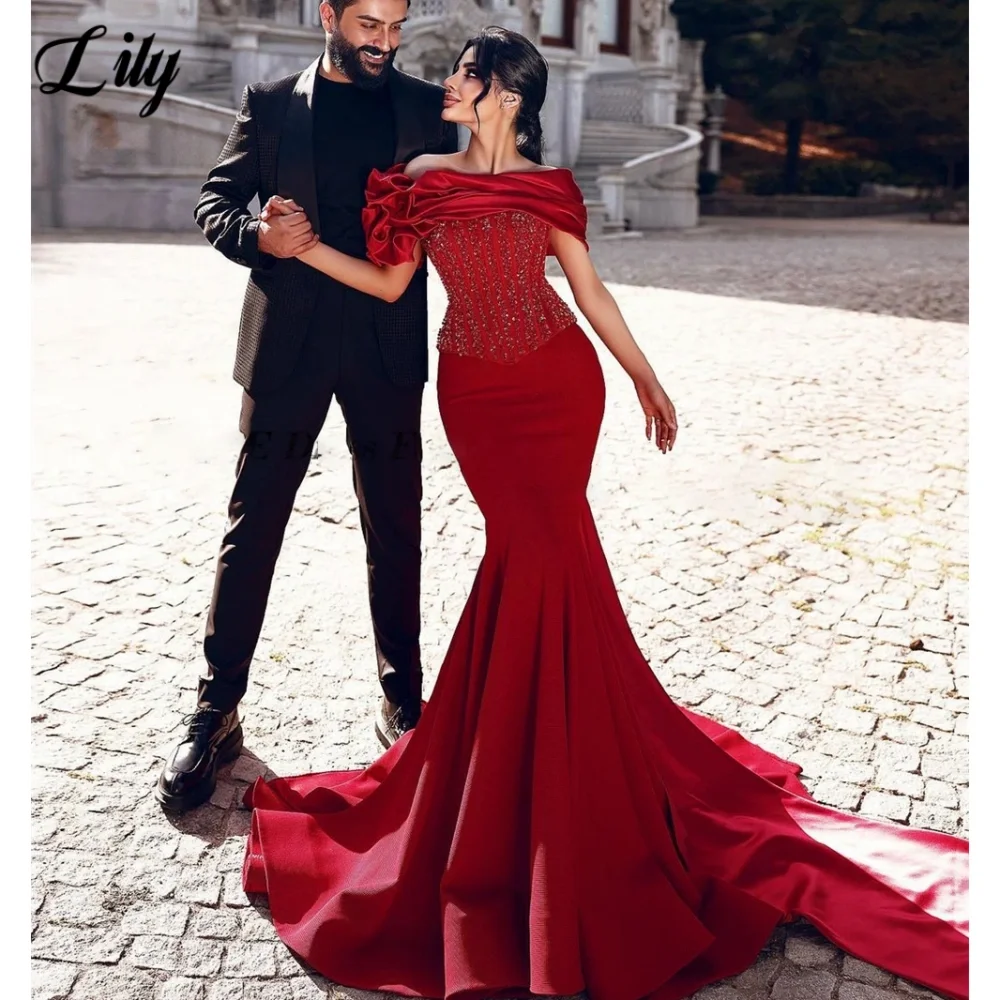 Lily Red Gorgeous Off-Shoulder Prom Dresses Shiny Sequins Evening Gown for Woman 3D-Flowers Satin Party Dress for Wedding 프롬 드레스