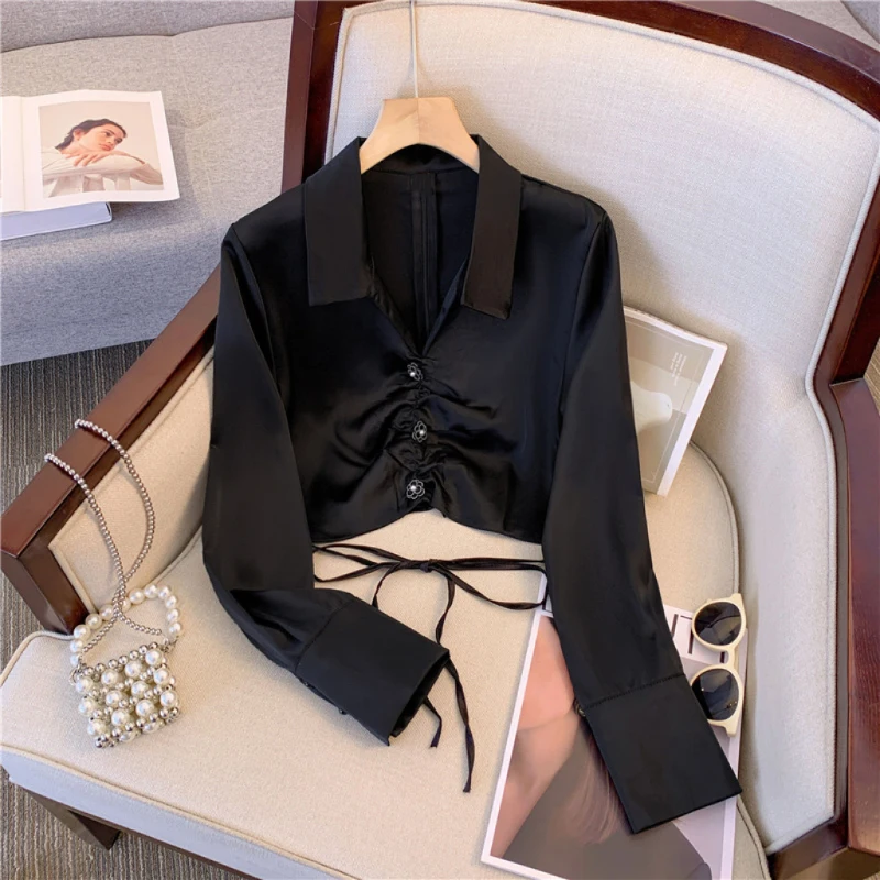 

Bomon Французская атласная рубашка с высоким смыслом, женская дизайнерская ниша, плиссированная однотонная рубашка-поло, короткая рубашка 2024, осенний топ на шнуровке на талии