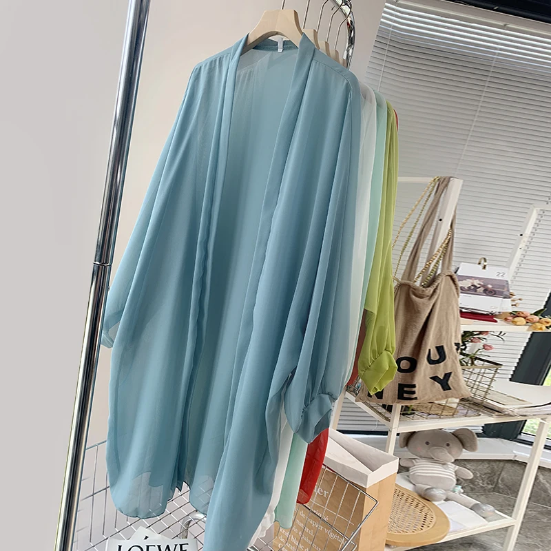 

Lightweight Summer Shawl Women's Outerwear Loose Fit Long Sleeve round Neck Korean Style Pure Color Transient Fashion