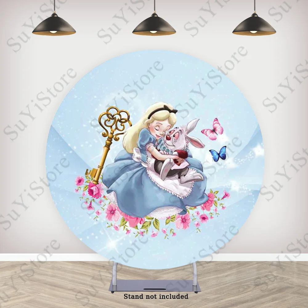 Alice In Wonderland Round Backdrop Cover For Kids Birthday Disney Princess Circle Photo Background Elastic PhotoCall Covers