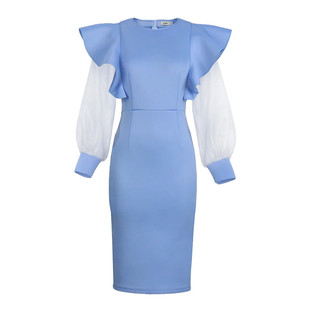 Sky Blue Dress Round Neck Perspective Organza Ruffle Long Sleeved High Waisted Party Dress