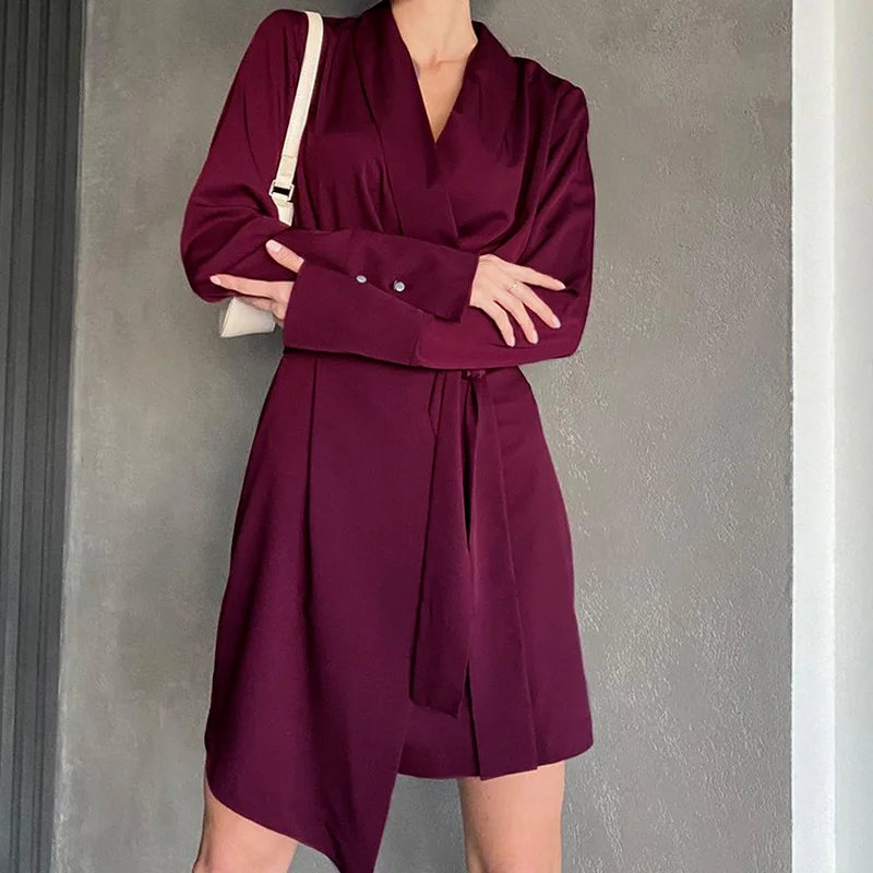 Robe en Satin à Manches sulfavec Ceinture et Nministériels d, Jupe Courte Bordeaux avec Fentes, Col Trempé, Tempérament