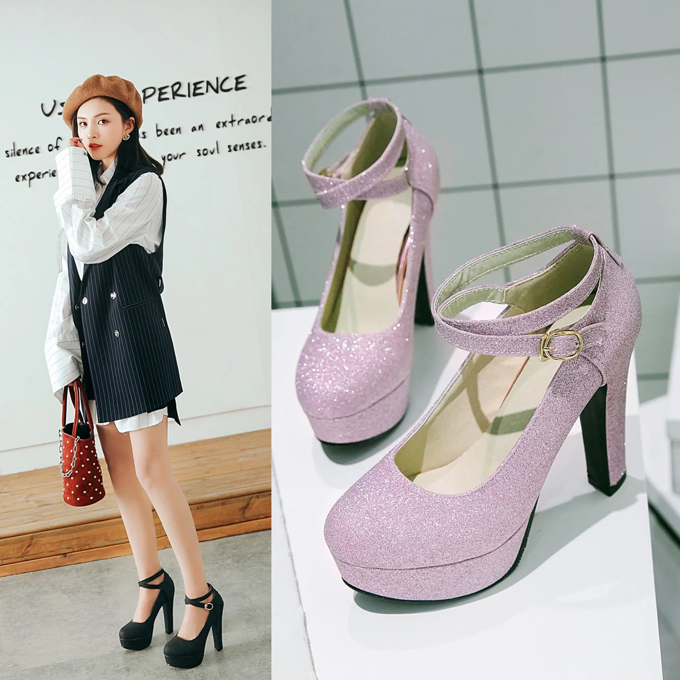 Big Size Women Platform Pumps Purple Gold Glitter Sequined Cloth High Chunky Heels Round Toe Ankle Strap Party Office Lady Shoes