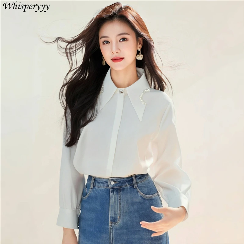 Fashion Pearl Collar Design Sense Shirt Woman Solid Color Long Sleeve Tops Casual Camisa Feminina Turn-down Collar Blouse