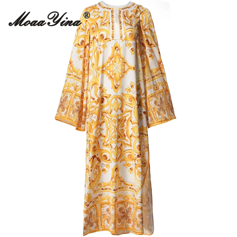 

MoaaYina 2024 Summer High Quality Stylish Women's Dresses Bohemian Print Loose Flutter Temperament Side Split Chic Dresses