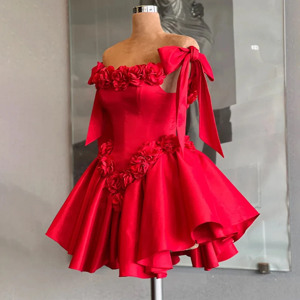 Vestidos de coquetel vermelho para mulheres, mini fora do ombro, vestido de festa com renda, vestido de noite curto, vestido sem costas ruched, flores 3D