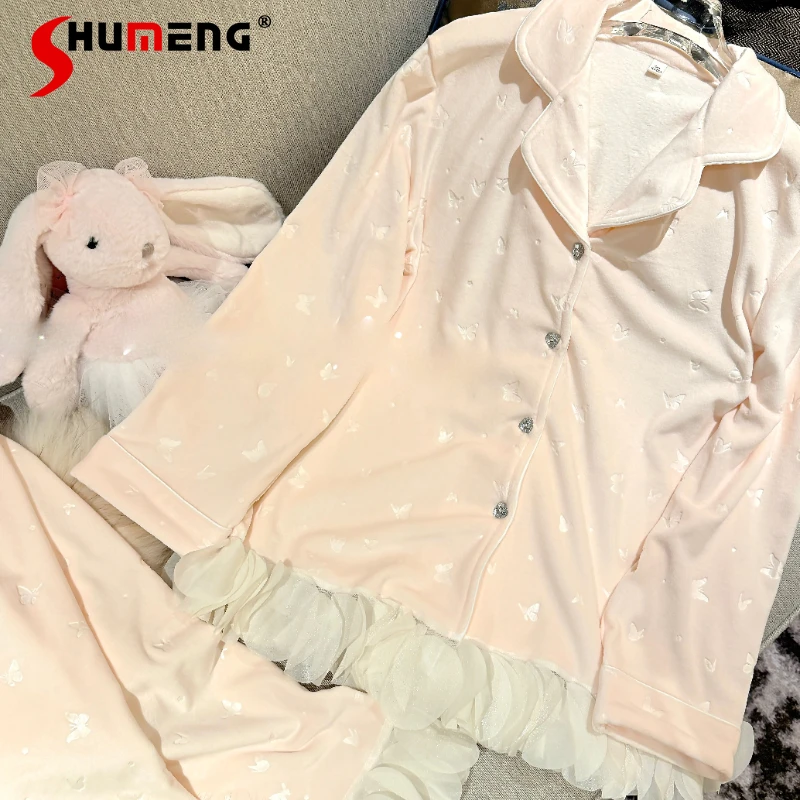 

Бархатный пижамный костюм с милой бабочкой, женский комплект с длинными рукавами, осенне-зимняя элитная одежда для сна, женский комплект домашней одежды в японском стиле Лолиты