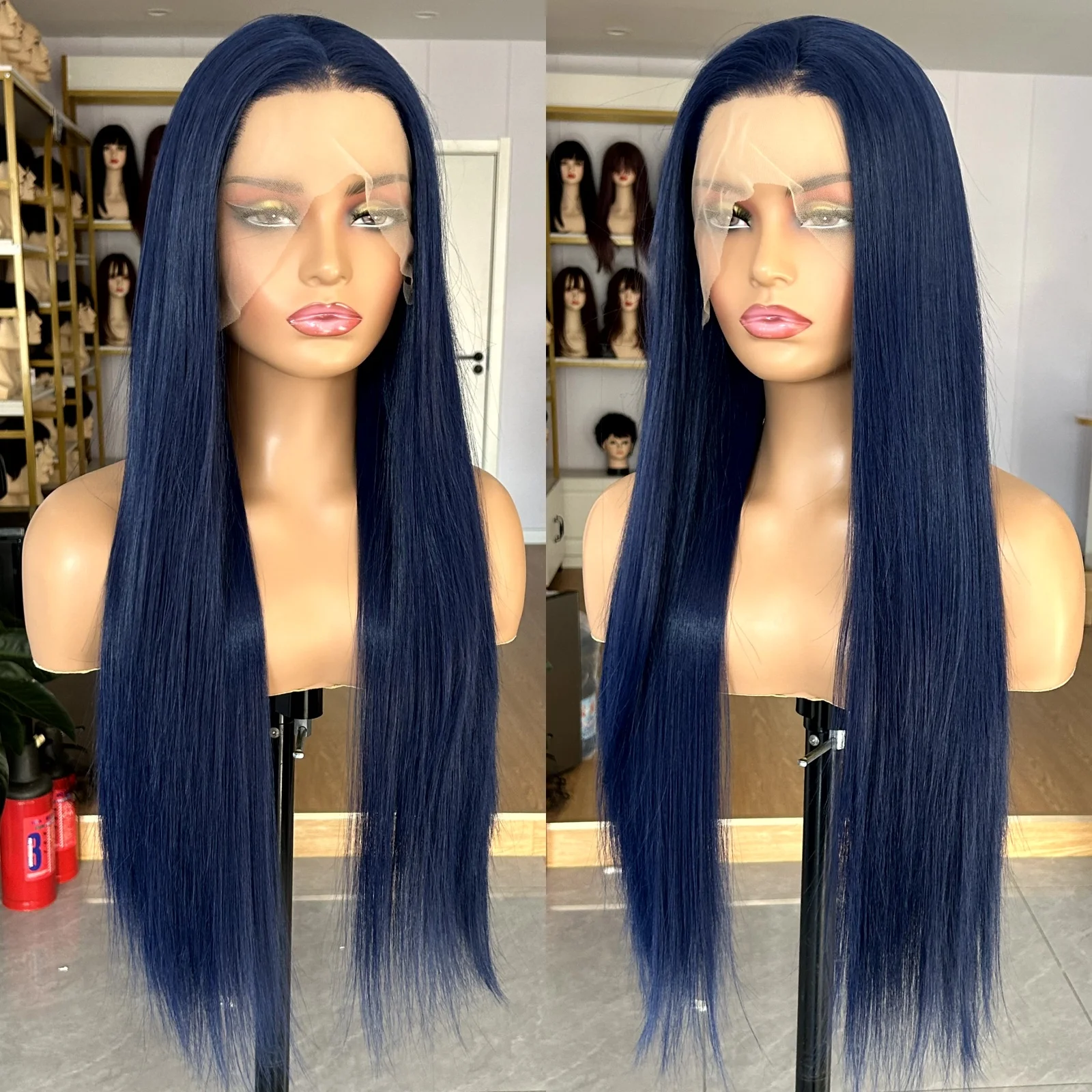 Dark Blue Long Silky Straight Synthetic Lace Front Wig Free Part Natural 13x4 Frontal Colored Wigs for Women Daily Party Cosplay image 5