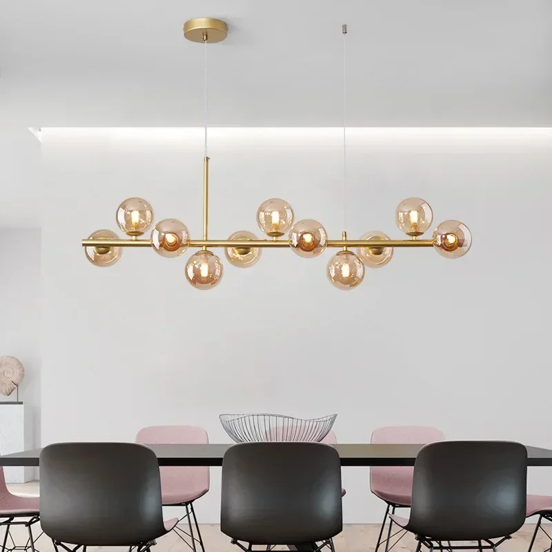 Modern Minimalist Golden Glass Ball LED Chandelier Restaurant Kitchen Coffee Bar Pendant Lamp Designer Hanging Lighting Fixtures