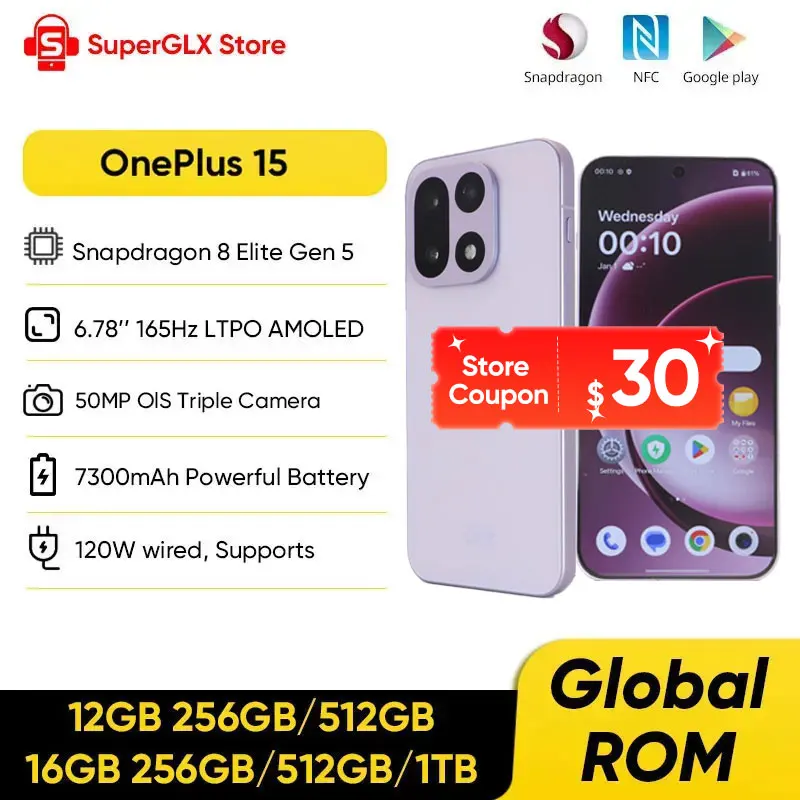 OnePlus 15 Unlocked 5G Smartphone Snapdragon 8 Elite Gen 5 6.78'' 165Hz High Refresh Rate Screen 7300mAh Battery 120W SUPERVOOC