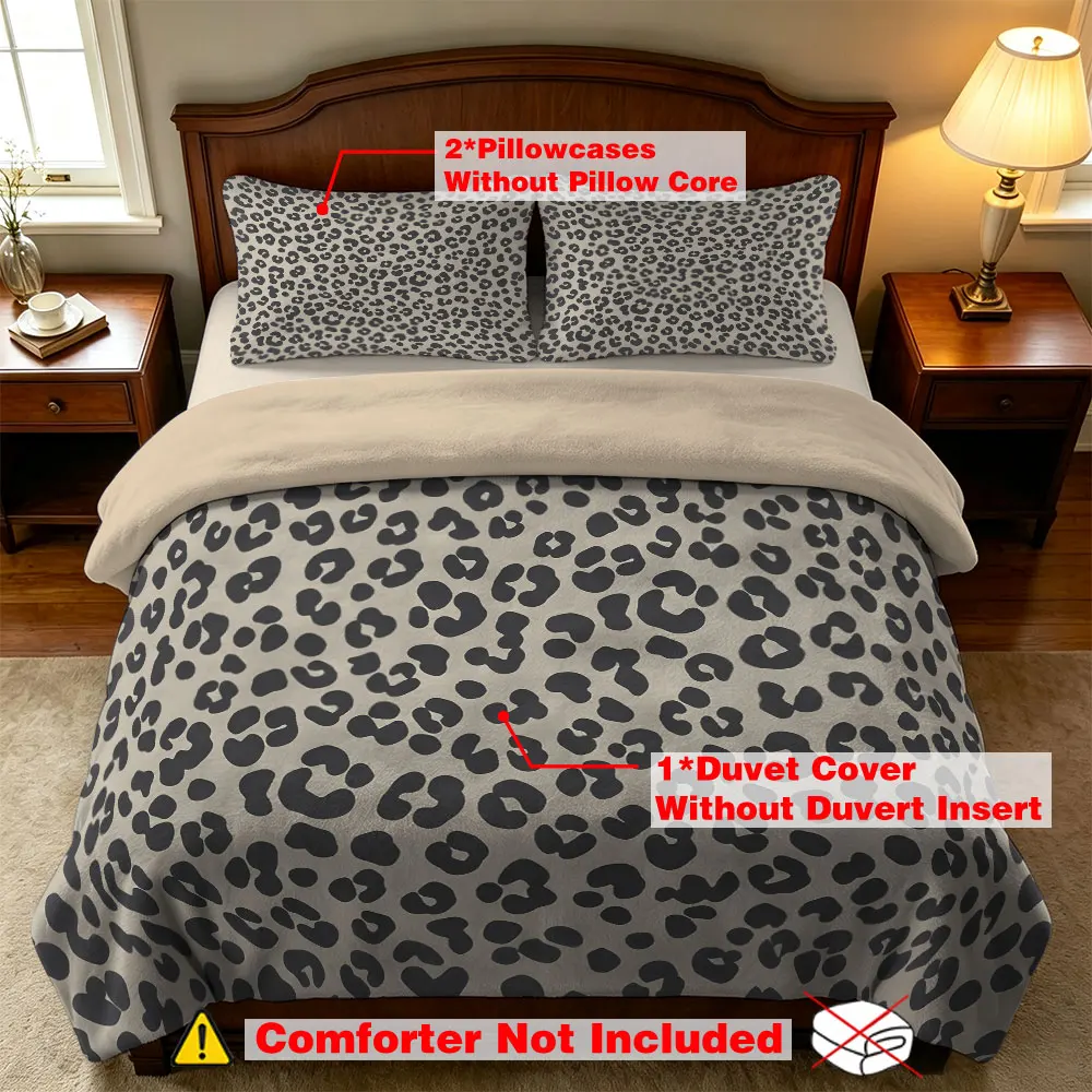 Light Gray Leopard Print Milk Velvet Bedding Set 3Pcs Soft Warm Duvet Cover Animal Pattern Queen King Size