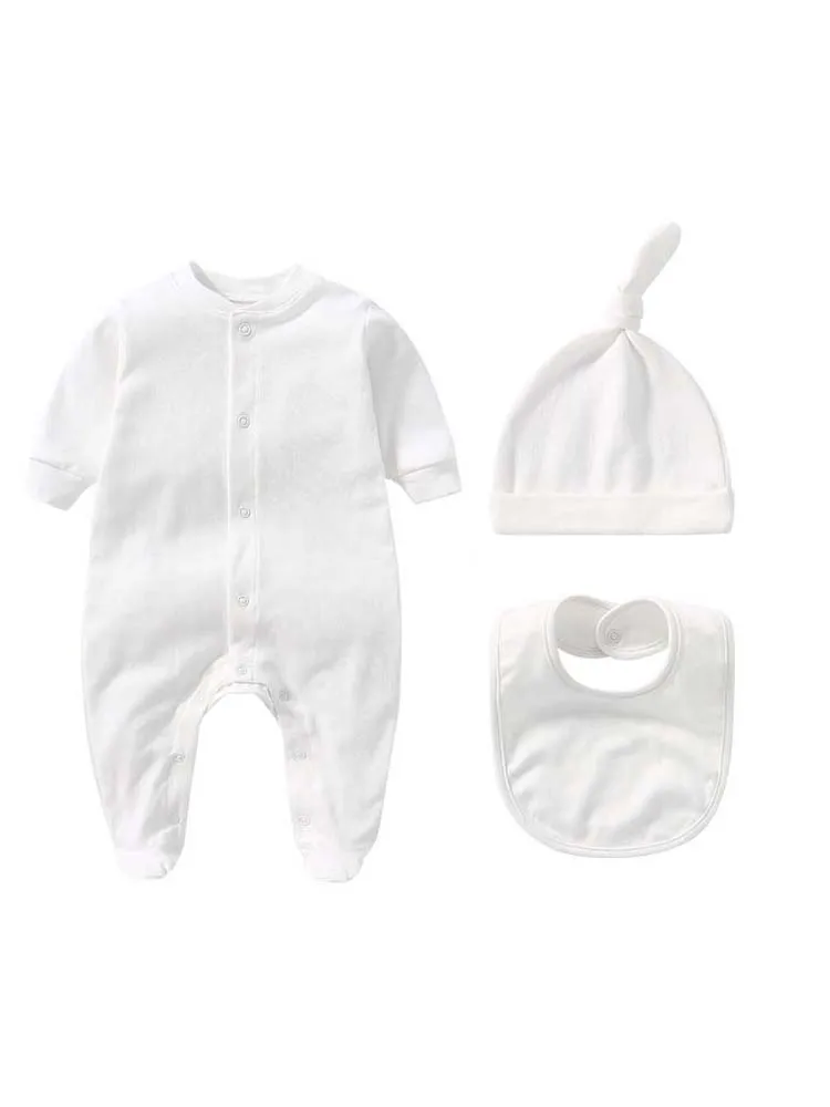Ensembles pour bébés garçons et filles, barboteuse 100% coton, couleur unie, body à manches longues + chapeau + bavoir, ensemble 3 pièces, tenues pour nouveau-nés, printemps automne