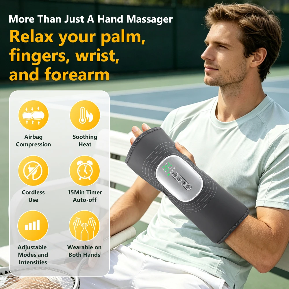 Air Compression Hand Wrist Massager with Heat 2000mAh 3 Modes 4 Levels Type-C Pain Relief Therapy for Carpal Tunnel Finger
