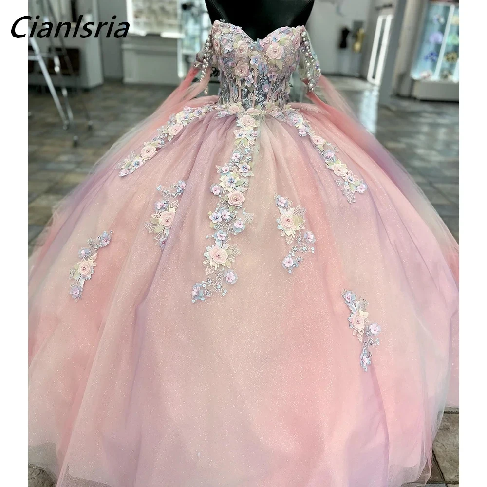 Pink 3D Floral Lace Pearls Beading Ball Gown Quinceanera Dresses Off The Shoulder Illusion Corset Vestidos De 15 Años