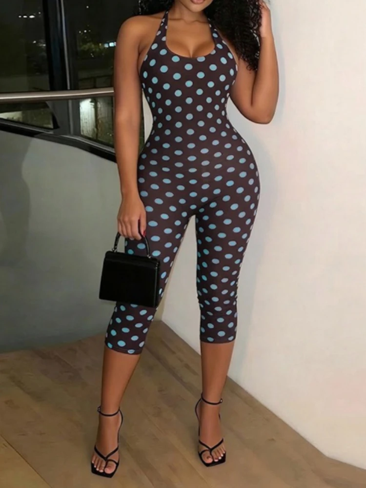 

Женский летний комбинезон Foamlina с принтом в горошек, на завязках, с открытой спиной, без рукавов, облегающий, длина 7/8