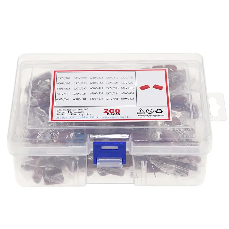 200pcs 25Types 630V CBB Metal Film Capacitors Assortment Kit 102 332 472 682 103 223 393 473 683 104 224 334 474 684 824 105 225