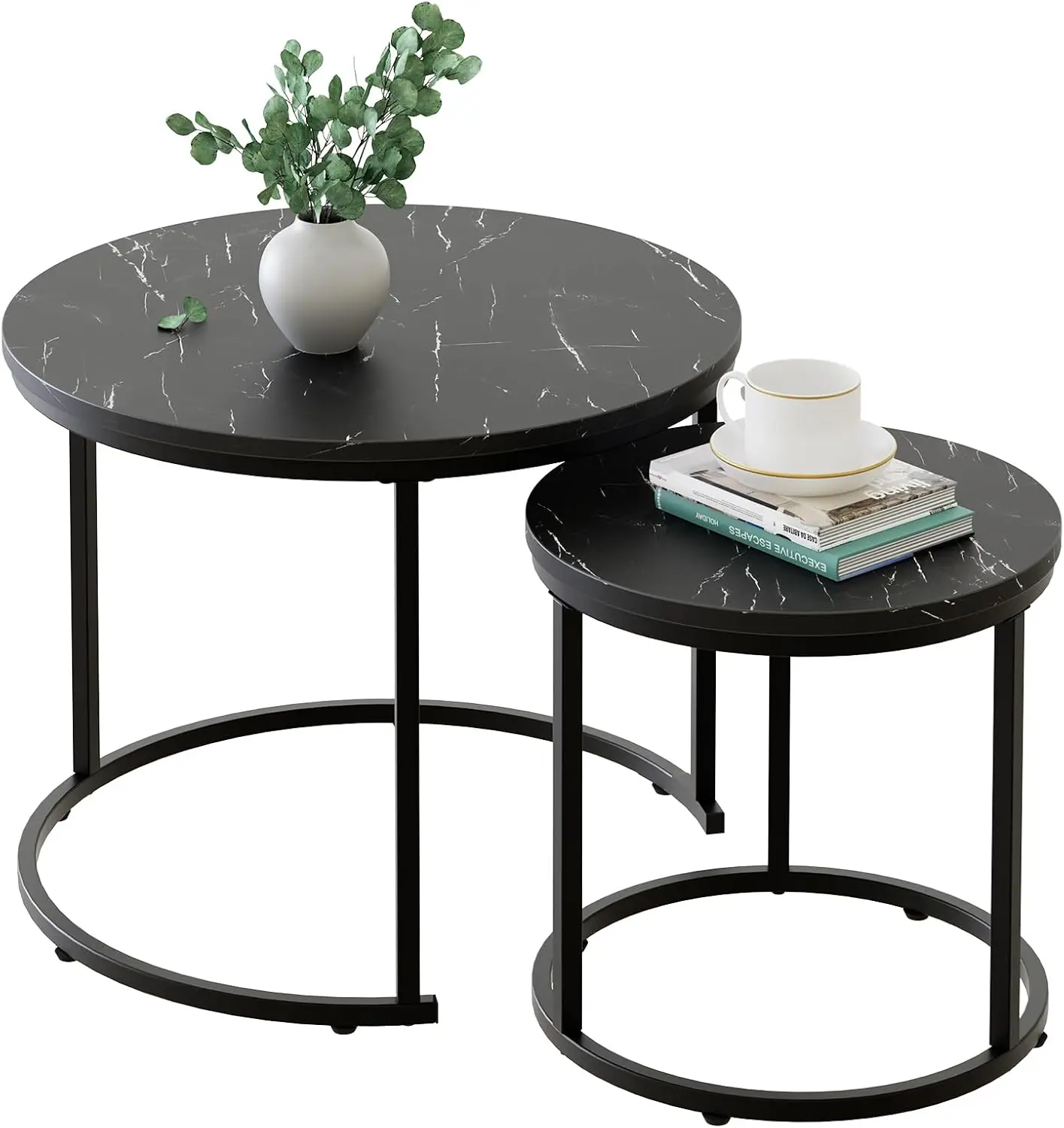 

Round Nesting Coffee Table Set of 2 for Living Room Bedroom Balcony, Black Faux Marble Wooden Accent Table with Steel Frame