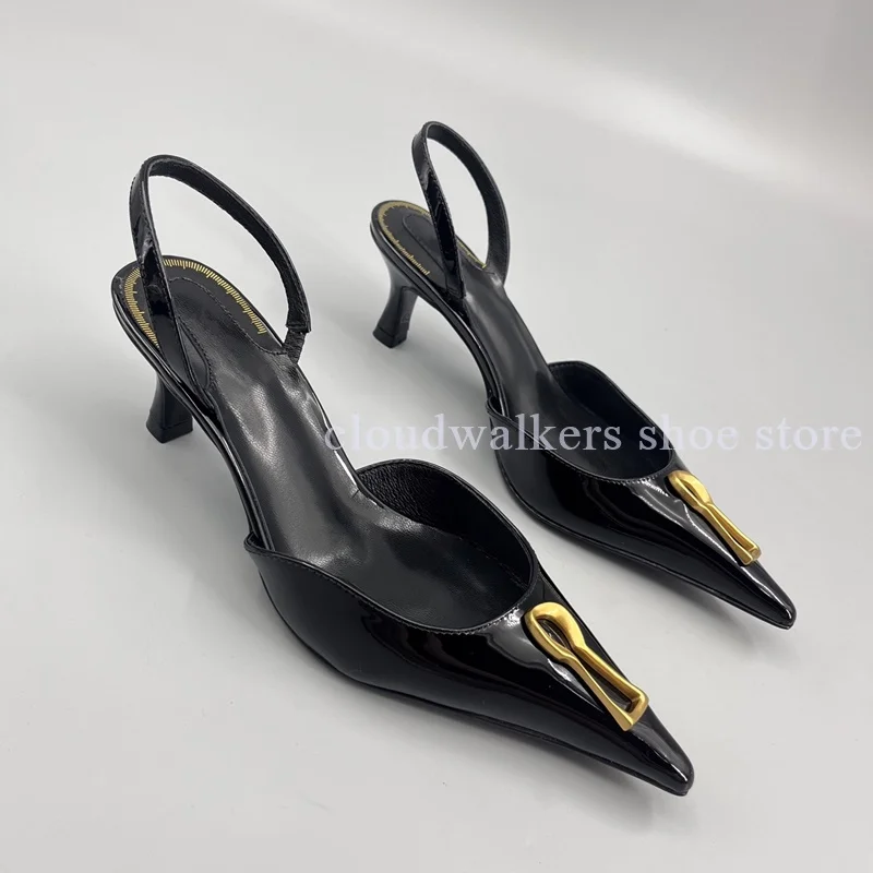 

Gradient Color Wrapped Point Toe Special-Shaped Metal Decor Sandal Black Patent Leather Satin Mature Women's Kitten Heel Sandals