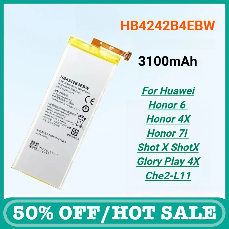 Сменный аккумулятор для телефона HB4242B4EBW емкостью 3100 мАч для Huawei Honor 6/Honor 4X/Honor 7i/Shot X ShotX/Glory Play 4X Che2-L11