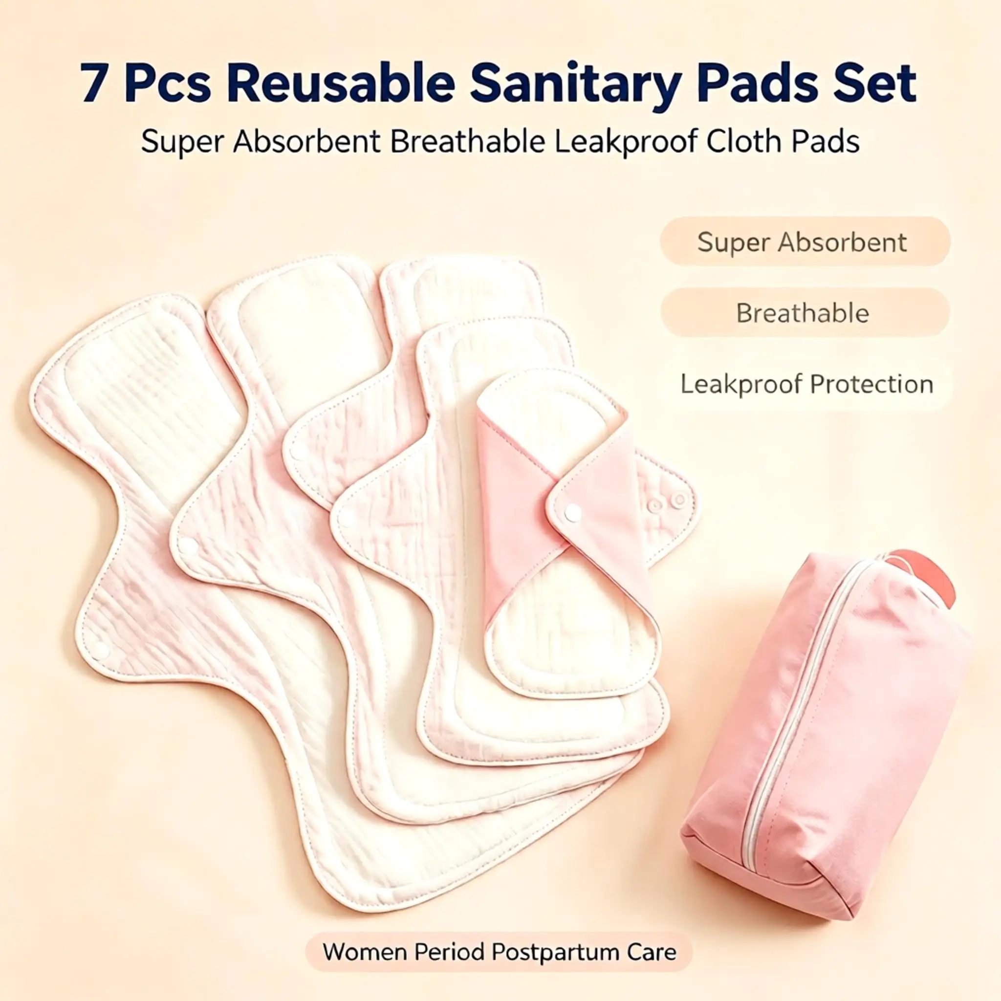 7Pcs Washable Reusable Cloth Sanitary Pads Set Cotton Yarn Menstrual Postpartum Pads Absorbent Leakproof Soft Breathable