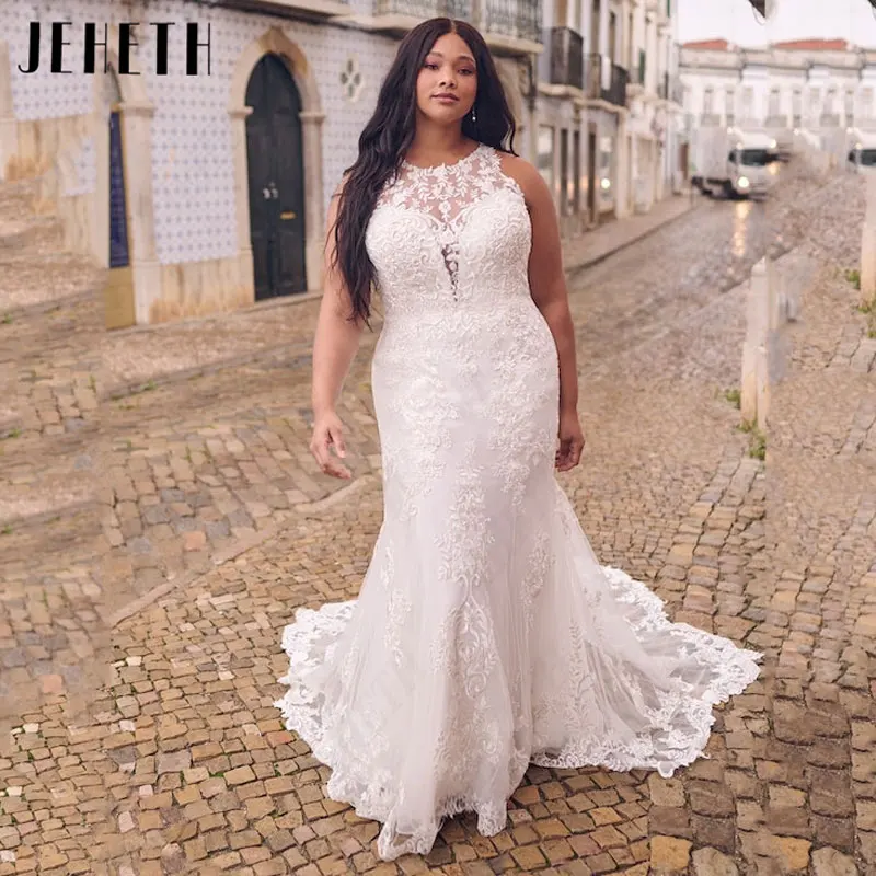 JEHETH O-Neck Mermaid Wedding Dresses Plus Size Tulle Sleeveless Spaghetti Straps Bridal Gowns Appliques White Vestidos De Novia