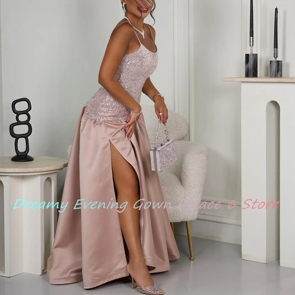 Sexy Satin A-Line Spaghetti Straps Sequined Evening Dress High Quality Sleeveless Strapless Floor Length vestidos de fiesta