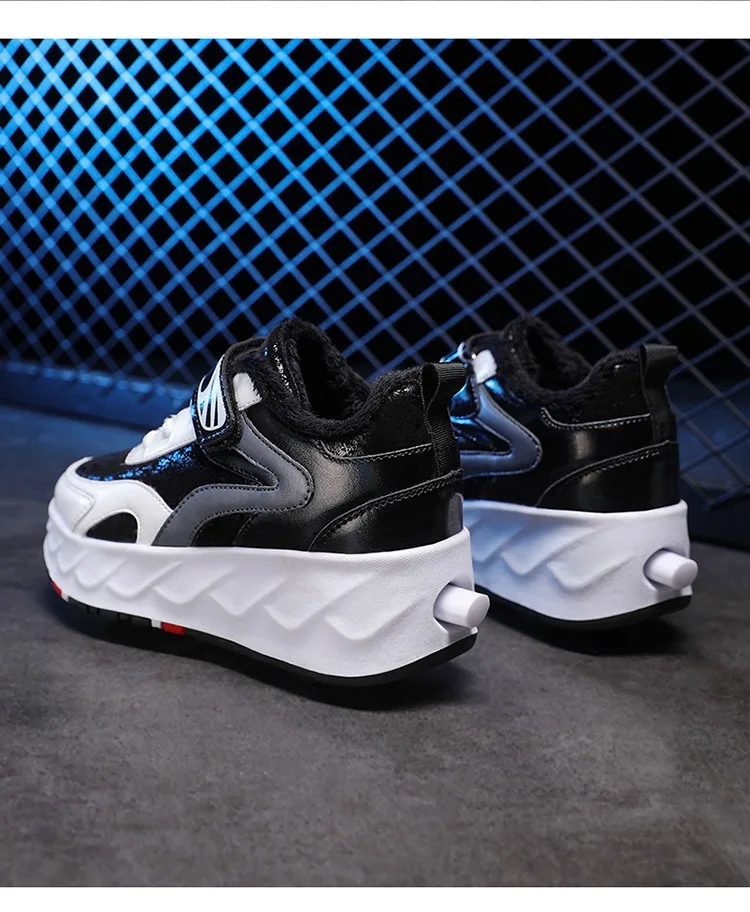 Four-Wheel Deformation Roller Skates Winter Plus Velvet Large Cotton Shoes For Boys And Girls With Wheels Sports Shoes