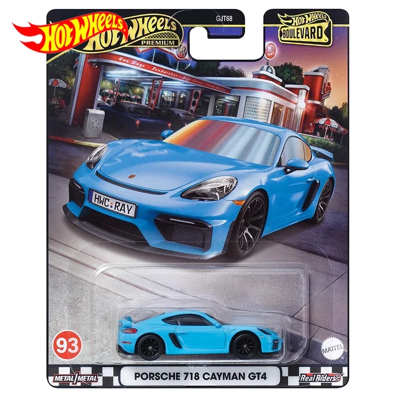 Hot Wheels-coche bulevar Premium para niños, Porsche 718 Cayman GT4, aleación fundida a presión, Voiture Miniture, regalo de cumpleaños, Original,