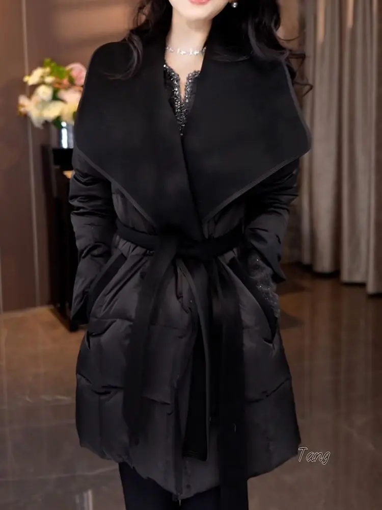 Korean style lace up waist cinching warm down jacket women's winter new fashiona and stylish big lapel collar slimming jacket
