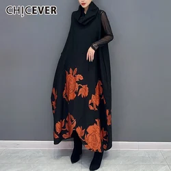 CHICEVER Hit Color Elegant Dress For Women High Collar Sleeveless Fashionable Printed Design Dresses Female Autumn New Clothing