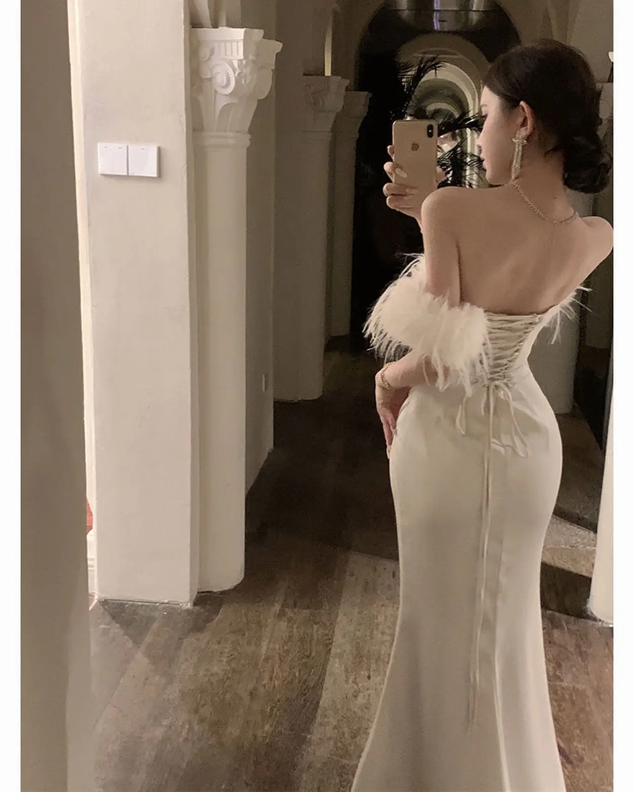 OEING Off Shoulder Korea Garden Evening Dress Feathers Sleeveless Formal 프롬드레스 Floor Length Elegant Prom Gown Party Women Bride