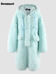 Nerazzurri Winter Oversized Bright Blue Thick Warm Fuzzy Fluffy Faux Fur Coat Women with Hood Zipper Sweet Cute Kawaii Clothes