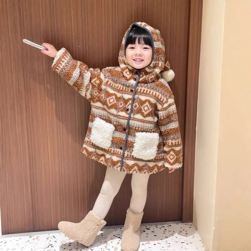 

Girls Boys Coat 2025 Autumn Winter Korean Style Fashion Trendy Warm Thick Vintage Classic Fluffy Hooded Long Sleeve Coat