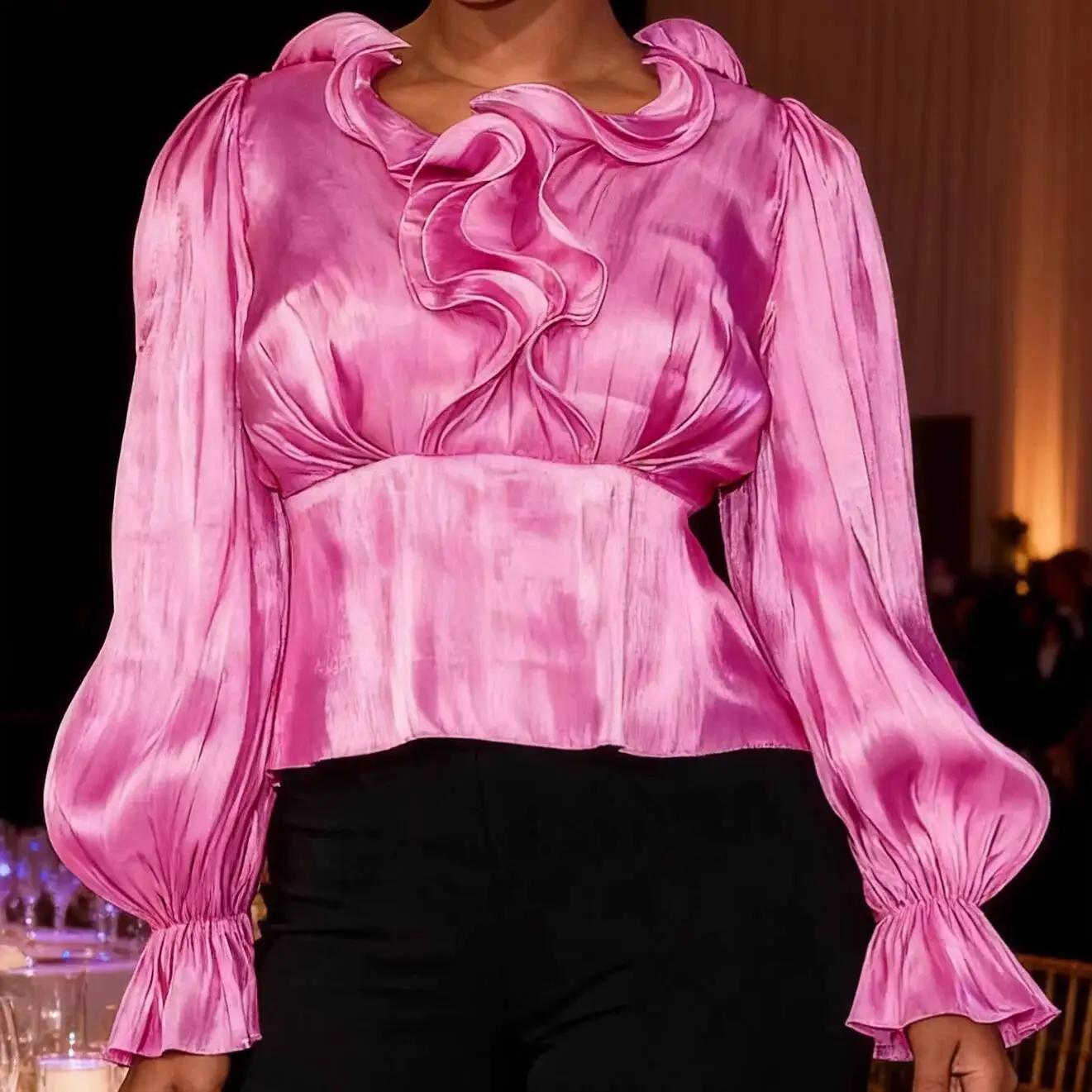 

Elegant Slim-fit Solid Color Top, Stylish For Commuting, With Ruffled Trim, Waist-cinching, Pleated, Slimming, Bell-sleeve Shirt