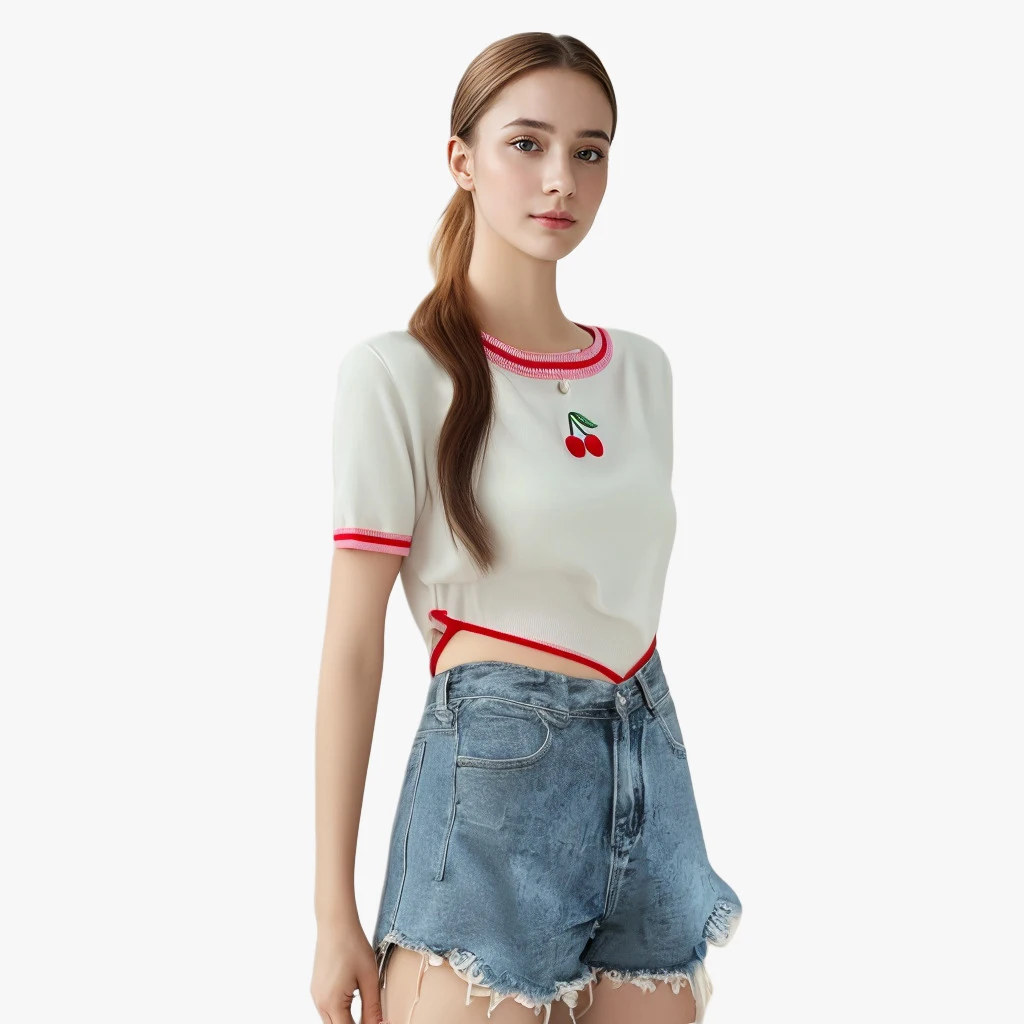 Pearl Diary Summer Contrast Color Stripe Cherry Embroider Top Women Short Round Collar Kuitting T-Shirt Thin Cute Young Girl Top