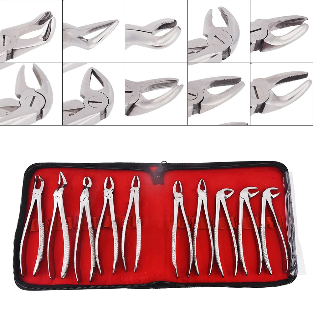 10 PCS den tal Extraction Forceps Pliers Kit Stainless Steel for Adults Dentist Tool Orthodontic Surgical Instrument