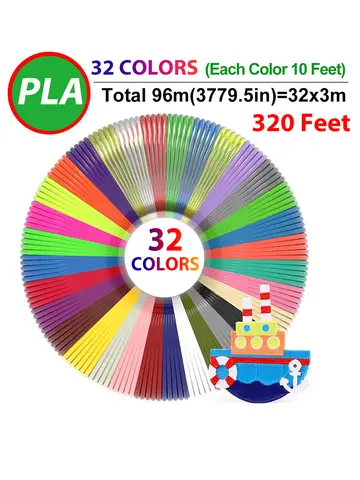 32 Colors 3D Pen Filament 1.75mm PLA, Each Color 10Feet(3m), Total 320 Feet (96m) 3D Pen Filament Refills, Random Color