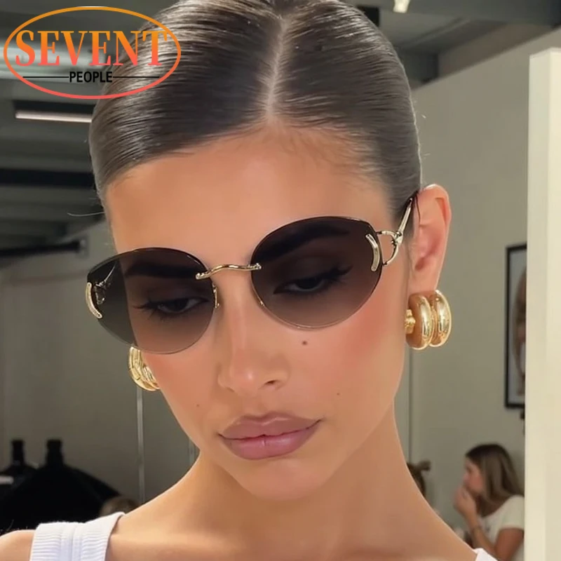 

Small Frame Oval Punk Sunglasses Women 2025 Luxury Brand Trendy Metal Rimless Sun Glasses For Ladies Vintage Steampunk Shades