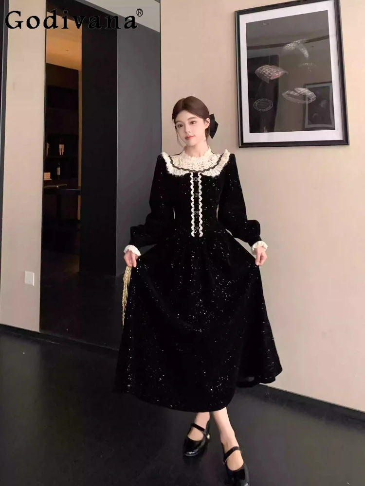 فستان نسائي للخريف والشتاء مقاس كبير أنيق من الدانتيل الفرنسي بياقة بيتر بان وأكمام طويلة على شكل حرف a فساتين حلوة عالية الخصر #1