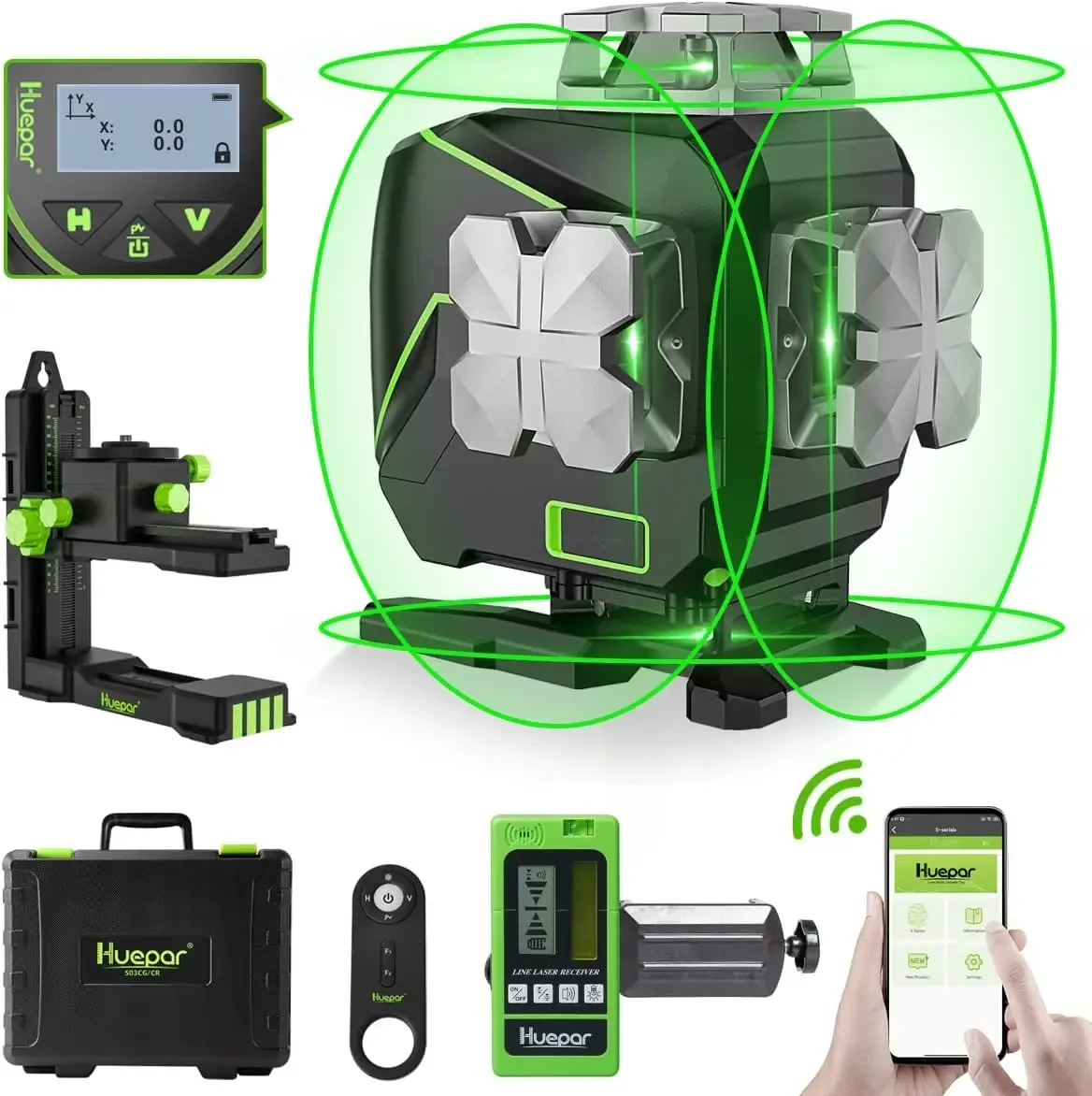 Laser Level Self-Leveling 4x360 °   Laser Garis Silang dengan Penerima - Layar LCD, Lantai Ubin Sinar Hijau Bluetooth 4D