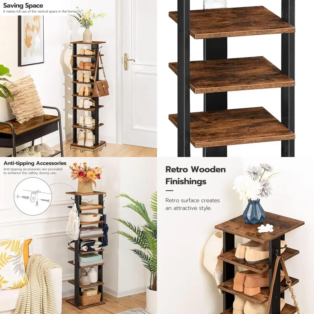 

8-Tier Wooden Shoe Rack with Hooks, Compact Storage for 8 Pairs, Rustic Brown, Ideal for Home Entryways and Living Spaces