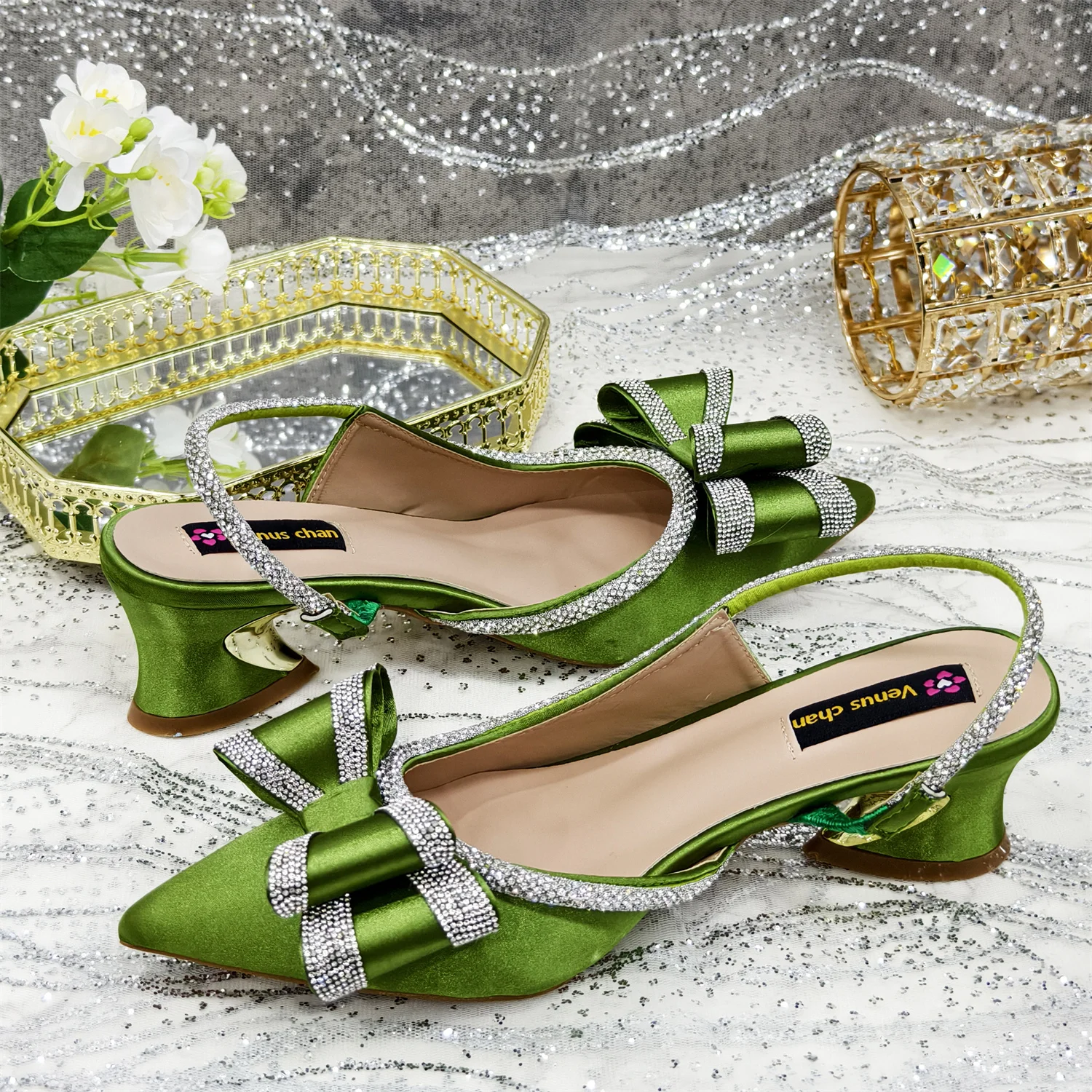 Venus Chan 2025 Nuovo verde oliva a punta INS Party Wedding Italia Design Scarpe con tacco alto da donna e borsa da abbinare all'Italia