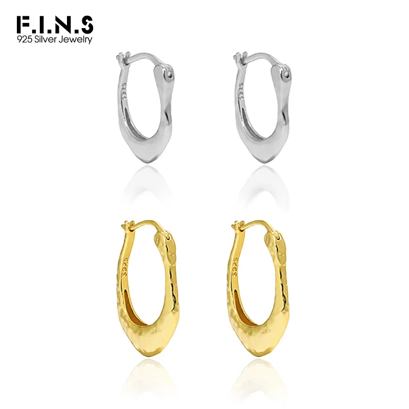 F.I.N.S S925 Sterling Silver Irregular U-Shaped Hoop Earrings Uneven Surface Circle Huggies Piercing Ear Fashion Fine Jewelry