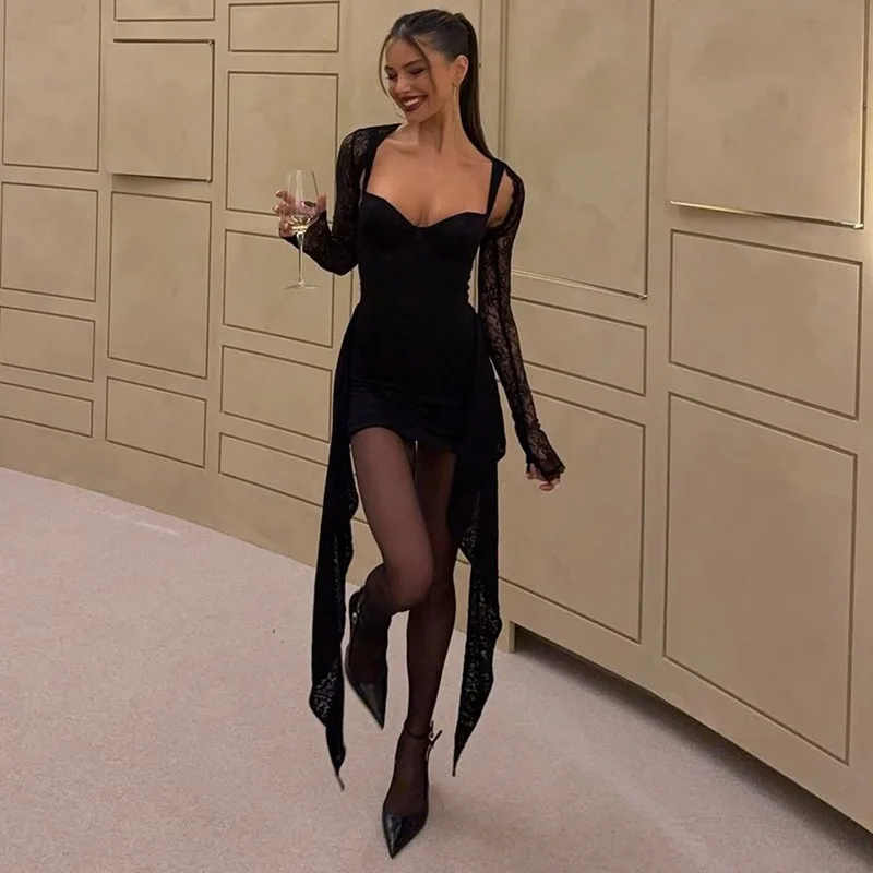 

Tornova Sexy Plunge Lace Dress For Women See Through Shawl Long Sleeve Top 2 Piece Female Fashion Black Evening Party Mini Dress