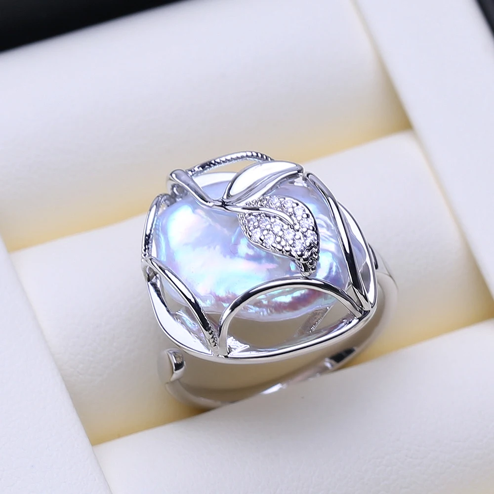 FENASY Freshwater 13-20mm Big Baroque Pearl Silver Gold Color Rings For Women Bridal Wedding Jewelry Birthday Gifts