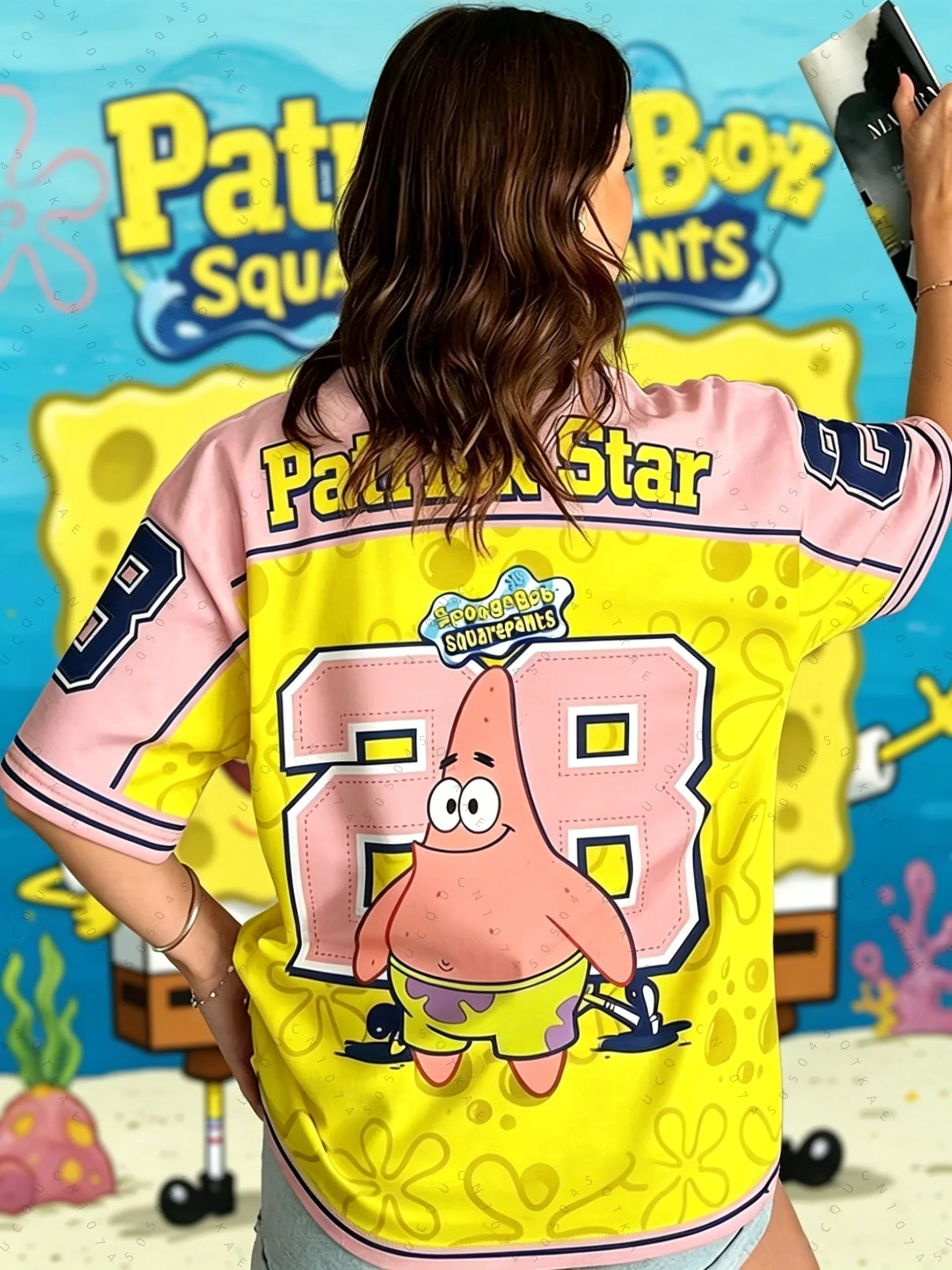 Spongebob Print Loose Oversized T-Shirts für Männer und Frauen, Sommer, V-Ausschnitt, Patchwork, kurzärmelig, Sport-Fußballtrikot, Y2k-Kinderoberteile – Detail 10