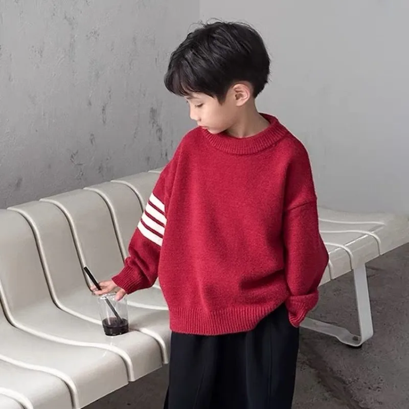 

Boys Red Thickened Sweater New Year Winter Wear Thick Warm Crewneck Toddler Boys Festive Outfit, Trendy Versatile Top for Kids