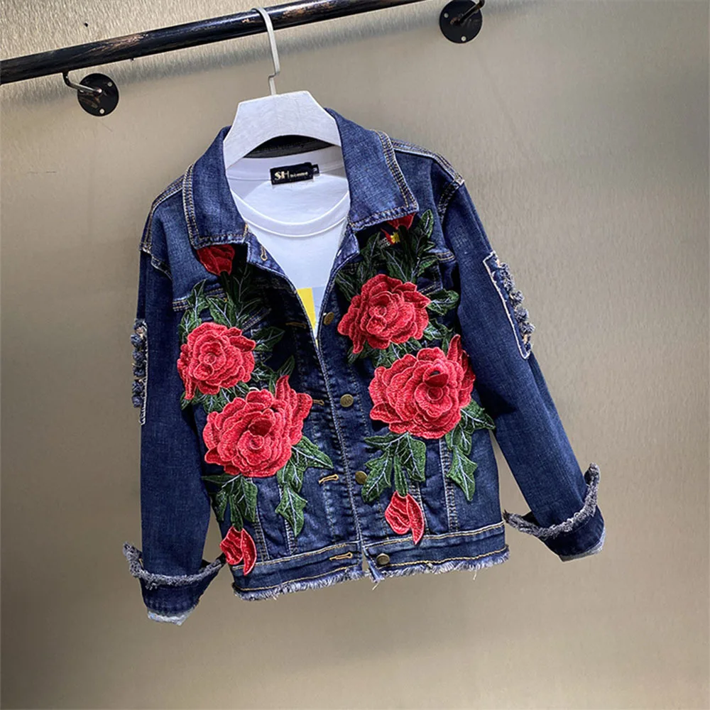 2022 Spring Autumn New Women\'s Embroidery Red Rose Short Denim Jacket Coat Hole Long Sleeve Skinny Dark Blue Jeans Coats